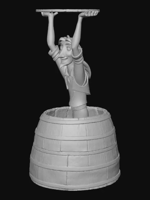 3D model for A 3D realistic reinterpretation of Tulio from The Road to El Dorado. He is emerging from a wooden barrel, lifting a round wooden barrel lid above his head with both arms fully raised. He has a big, cheerful smile, expressive eyes, and stylized cartoony proportions translated into polished 3D animation style (similar to DreamWorks/Pixar-quality rendering). He wears a blue shirt with rolled sleeves, a brown vest, and has black hair tied back , warm lighting,
