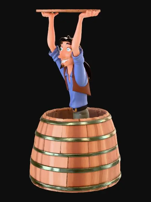 3D model for A 3D realistic reinterpretation of Tulio from The Road to El Dorado. He is emerging from a wooden barrel, lifting a round wooden barrel lid above his head with both arms fully raised. He has a big, cheerful smile, expressive eyes, and stylized cartoony proportions translated into polished 3D animation style (similar to DreamWorks/Pixar-quality rendering). He wears a blue shirt with rolled sleeves, a brown vest, and has black hair tied back , warm lighting,