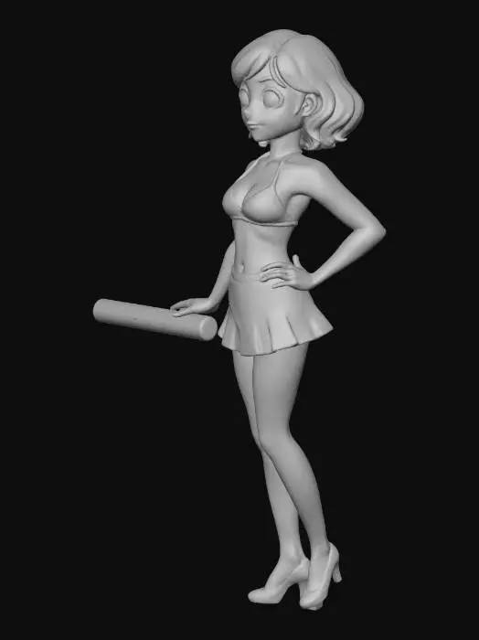 3D model for “A charming blonde woman with a soft wavy bob hairstyle, wearing a bikini top, a short skirt, and high heels. She stands with one hand on her hip while the other gently rests on an invisible table. Rendered in a warm, whimsical Studio Ghibli style with gentle lighting, expressive features, and smooth, painterly colors.”