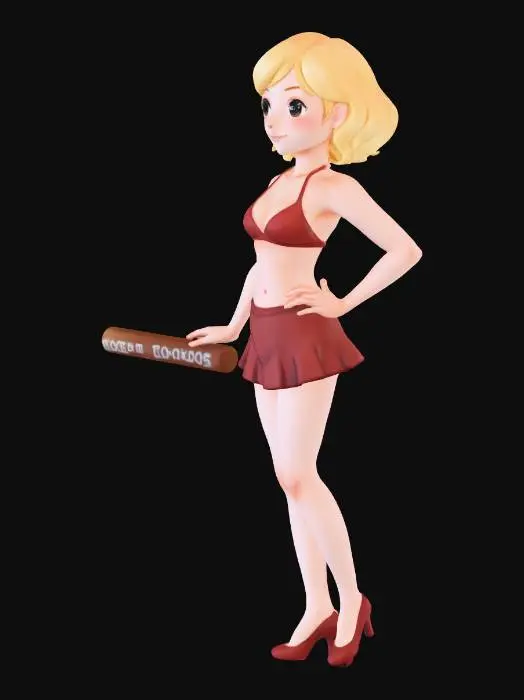 3D model for “A charming blonde woman with a soft wavy bob hairstyle, wearing a bikini top, a short skirt, and high heels. She stands with one hand on her hip while the other gently rests on an invisible table. Rendered in a warm, whimsical Studio Ghibli style with gentle lighting, expressive features, and smooth, painterly colors.”