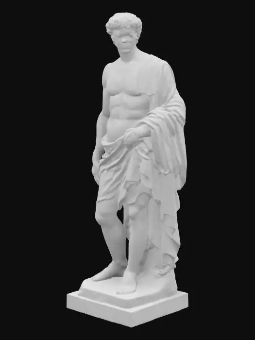3D model for a classical marble sculpture of Apollo. The sculpture is characterized by its realistic depiction of the human form, with attention to detail in the drapery and the muscular definition of the figure. The sculpture is displayed on a black pedestal, which contrasts with the light color of the marble.