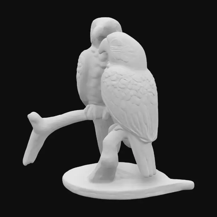 3D model for zwei dekorative, farbenfrohe Papageien aus Porzellan. Sie sind jeweils auf einem stilisierten, weißen Ast,beide Papageien weisen eine Vielzahl von leuchtenden Farben auf, linker Papagei zeigt eine Farbpalette von Blau, Gelb, Rot und Orange, wobei das Blau auf dem Hauptkörper dominiert, rechter Papagei ist in Rosa, Gelb und Blau gehalten,Papageien sind detailreich gestaltet. Ihre Federn sind durch feine, erhabene Linien angedeutet, was ihnen eine gewisse Textur verleiht. 
