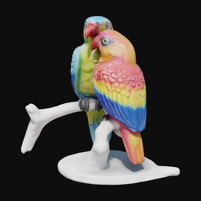 3D model for zwei dekorative, farbenfrohe Papageien aus Porzellan. Sie sind jeweils auf einem stilisierten, weißen Ast,beide Papageien weisen eine Vielzahl von leuchtenden Farben auf, linker Papagei zeigt eine Farbpalette von Blau, Gelb, Rot und Orange, wobei das Blau auf dem Hauptkörper dominiert, rechter Papagei ist in Rosa, Gelb und Blau gehalten,Papageien sind detailreich gestaltet. Ihre Federn sind durch feine, erhabene Linien angedeutet, was ihnen eine gewisse Textur verleiht. 