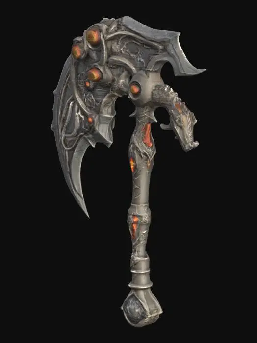 3D model for create a stylized high-fantasy art, game-ready, exotic great-axe forged with dragonwrought and lunar rock, letting off a mute glow from the fusion

