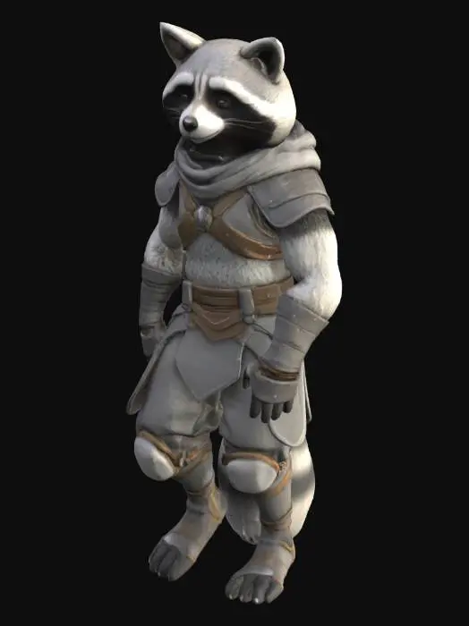 3D model for An overfriendly lean and agile game-ready 3D semi-realistic stylized high-fantasy art humanoid Raccoon mmorpg character with soft white, gray, and black fur. Wearing a light combat starter armor wraps. Long ears angled back, sharp focused eyes and an quick and stealthy appearance
