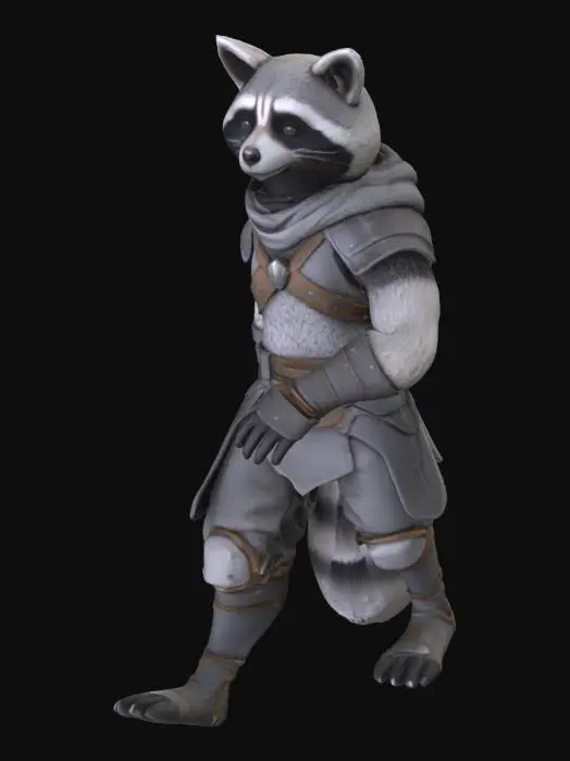 3D model for An overfriendly lean and agile game-ready 3D semi-realistic stylized high-fantasy art humanoid Raccoon mmorpg character with soft white, gray, and black fur. Wearing a light combat starter armor wraps. Long ears angled back, sharp focused eyes and an quick and stealthy appearance