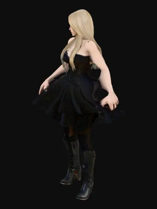 3D model for Photorealistic, adult gorgeous woman, Her face is so realistic, Highly Detailed, Full Body realistic, it has long blond hair, wearing goth dress, dark skirt and black boots, #realistic#