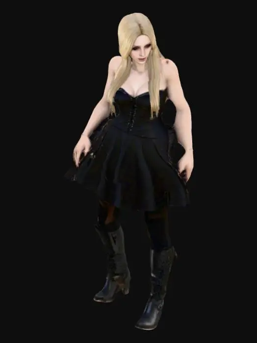 3D model for Photorealistic, adult gorgeous woman, Her face is so realistic, Highly Detailed, Full Body realistic, it has long blond hair, wearing goth dress, dark skirt and black boots, #realistic#