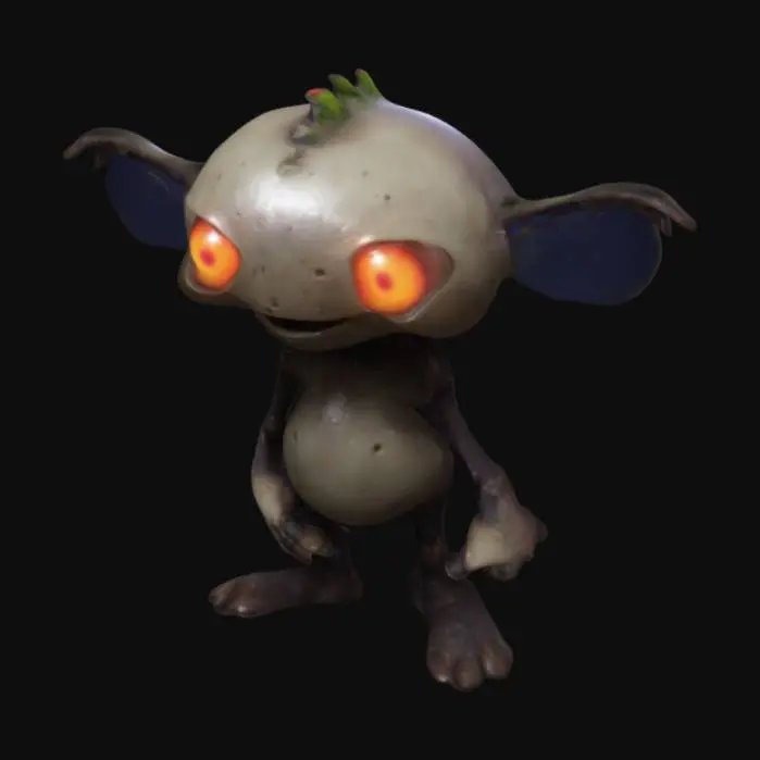 3D model for Umbren is a tiny, funny-looking humanoid with a round head, stubby limbs, and a wobbly, oversized body. Its glowing eyes take up half its face, and it sports a perpetual, goofy grin. It toddles around awkwardly, speaking in squeaky riddles and tripping over its own feet, leaving players amused and curious.