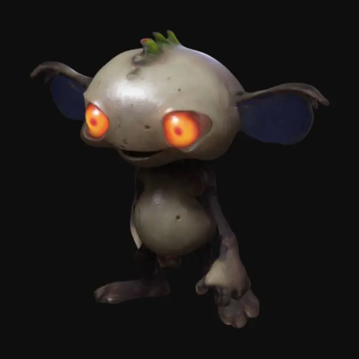 3D model for Umbren is a tiny, funny-looking humanoid with a round head, stubby limbs, and a wobbly, oversized body. Its glowing eyes take up half its face, and it sports a perpetual, goofy grin. It toddles around awkwardly, speaking in squeaky riddles and tripping over its own feet, leaving players amused and curious.