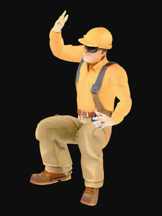 3D model for "Create a 3D character of a professional HVAC technician. The character should be wearing dark sunglasses, khaki work pants, and a high-visibility long-sleeve shirt (bright yellow or orange). On his head, he's wearing a full-brim hard hat (construction helmet with brim all around). He has a backpack-style tool bag strapped to his back. In one hand, he's holding an analog refrigerant gauge set with colorful hoses (red and blue), and in the other hand, he's holding an electrical clamp meter (digital multimeter with clamp jaws). The character should have a confident, professional stance and appearance of an experienced tradesman. Realistic proportions, detailed textures on clothing and equipment."