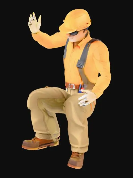 3D model for "Create a 3D character of a professional HVAC technician. The character should be wearing dark sunglasses, khaki work pants, and a high-visibility long-sleeve shirt (bright yellow or orange). On his head, he's wearing a full-brim hard hat (construction helmet with brim all around). He has a backpack-style tool bag strapped to his back. In one hand, he's holding an analog refrigerant gauge set with colorful hoses (red and blue), and in the other hand, he's holding an electrical clamp meter (digital multimeter with clamp jaws). The character should have a confident, professional stance and appearance of an experienced tradesman. Realistic proportions, detailed textures on clothing and equipment."