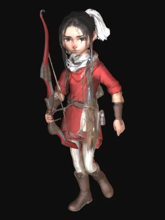 3D model for A girl who grew up in the forest with dark hair and a pony tail. She is wearing a red tunic. She has a stern look on her face. She is carrying a medieval bow with a quiver of arrows on her back. She is wearing a white bandana