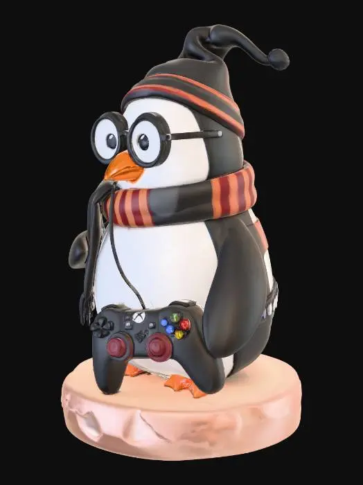 3D model for genera un pinguino disfrazdo de harry potter sugetando un mando de xbox