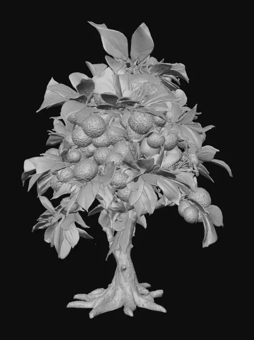 3D model for Un arbuste fruitier robuste et compact, aux branches noueuses de bois brun clair et à l'épais feuillage d'un vert luxuriant et mat. Des grappes de petits fruits sphériques, d'un violet profond, pendent généreusement, affichant une peau légèrement duveteuse et un aspect juteux. Les feuilles sont flexibles, avec des nervures subtiles, et l'écorce est finement texturée, évoquant une croissance saine et abondante.