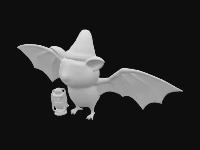 3D model for Diseña un murciélago simpático con un gorro de Santa Claus, colgado de una rama decorada con luces navideñas o esferas.
De la rama tambien cuelga una linterna de aceite