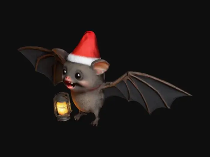 3D model for Diseña un murciélago simpático con un gorro de Santa Claus, colgado de una rama decorada con luces navideñas o esferas.
De la rama tambien cuelga una linterna de aceite