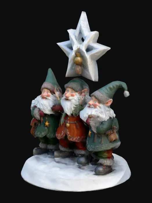 3D model for A 3D-printable scene of three mischievous Yule Lads carrying a large, crystalline Christmas star with a finely detailed angel carved inside. The Yule Lads have distinct playful features: one short and stocky, one tall and wiry, and one with a mischievous grin. Each wears Icelandic-style winter clothing with fur-trimmed coats and scarves. Their dynamic poses show them lifting, pulling, and pushing the star atop a textured snowy base with light footprints, creating a sense of action and teamwork.