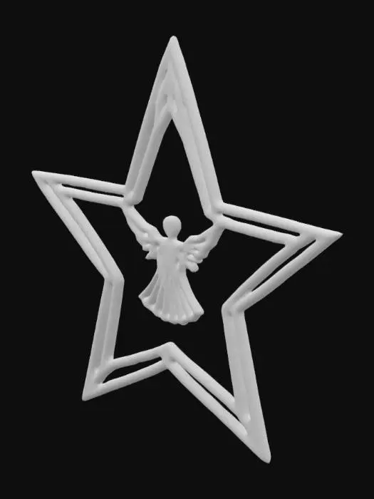 3D model for A 3D-printable Christmas star designed as a multi-faceted, crystalline structure. The star features a smooth, glass-like surface with sharp, clean edges that reflect light. Inside the center of the star, a finely detailed silhouette of an angel is etched or carved as if suspended within the filled star.