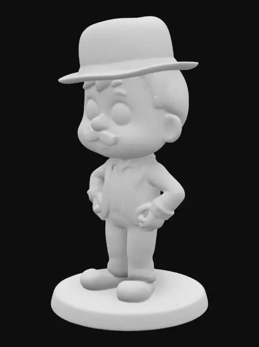 3D model for Charlie Chaplin, famous British actor, dressed in a black suit and black pants. Chibi Art Style. Standing on a round base. Highly stylized. Make sure all walls and elements are at least 2 mm thick. Include bold, recessed elements that are at least 2mm deep. Maintain crisp, crisp lines. Features raised to rise at least 2mm above the surface. Details engraved in recesses at least 2mm deep for clarity. DND.