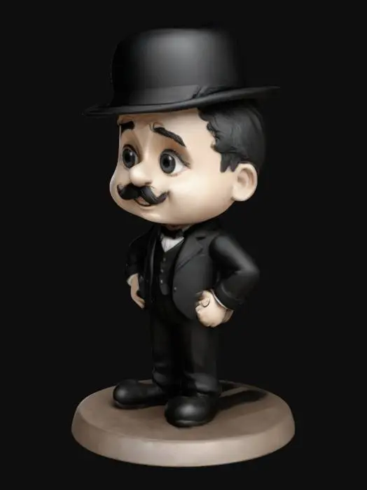 3D model for Charlie Chaplin, famous British actor, dressed in a black suit and black pants. Chibi Art Style. Standing on a round base. Highly stylized. Make sure all walls and elements are at least 2 mm thick. Include bold, recessed elements that are at least 2mm deep. Maintain crisp, crisp lines. Features raised to rise at least 2mm above the surface. Details engraved in recesses at least 2mm deep for clarity. DND.