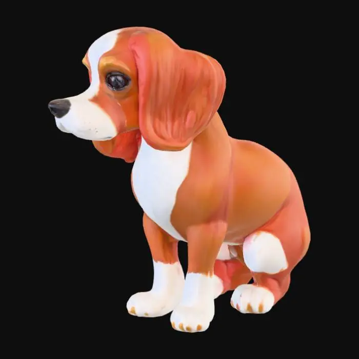 3D model for Фигурка стоит в полный рост. Порода: Кавалер-кинг-чарльз-спаниель.Собака окрашена в стандартный для этой породы окрас каштаново-рыжий и белый. Рыжий окрас покрывает большую часть головы, включая уши и область вокруг глаз, оставляя широкую белую полосу, проходящую от лба до носа.Туловище преимущественно рыжее,с белой грудью, животом и лапами.Хвост рыжий.У фигурки пухлое, коренастое тело, короткие лапы и крупная голова, что придаёт ей очаровательный и мультяшный вид.Глаза круглые, чёрные, с бликами, Они расположены довольно далеко друг от друга.Нос: Небольшой, чёрный, немного вздёрнутый. Морда Короткая, с мягкими, сглаженными линиями.Уши:Длинные, волнистые, рыжего цвета. Они выглядят объёмными и пушистыми.Шерсть на ушах и груди видны небольшие волны, имитирующие пушистость. 