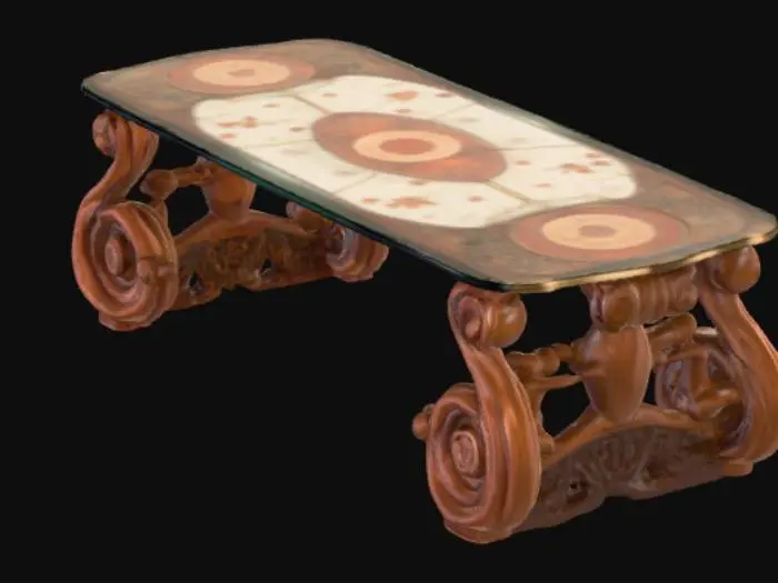 3D model for A high resolution coffee table with a gondola shaped cherry wood base and a Murano glass table top, #PBR#