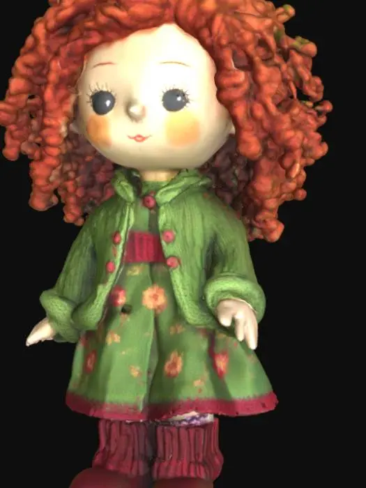 3D model for A low poly Waldorf doll with curly Auburn hair a knitted green cardigan over a green and maroon floral dress and maroon knitted socks 