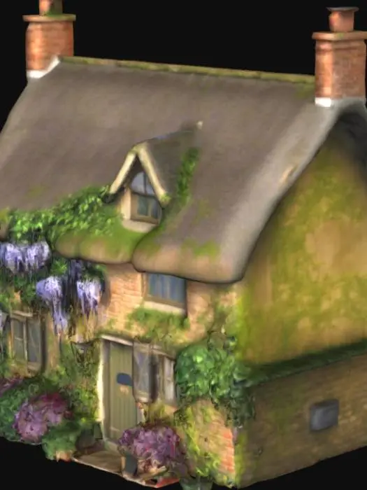 3D model for Hyperrealistic English country cottage half covered with wisteria and ivy, ultra high definition texture, blissful atmosphere 