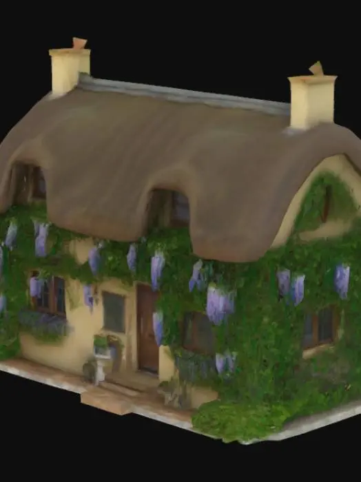 3D model for Hyperrealistic English country cottage half covered with wisteria and ivy, ultra high definition texture, blissful atmosphere 