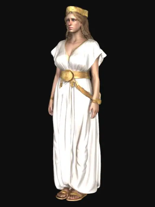 3D model for A hyperrealistic model of Helen of Troy in a white ancient greek dress and golden sandals and belt, very highly detailed texture in hd, anatomically correct extremities 