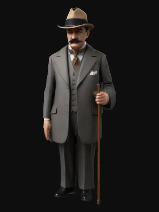 3D model for Ultra realistic model of Hercule Poirot as described by Agatha Christie, with hat on holding a cane, his outfit should agree with the middle-war era