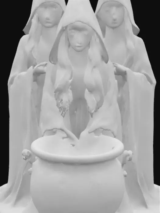 3D model for Ultra-realistic model of the three Macbeth witches over a boiling cauldron. Medically precise body structure 