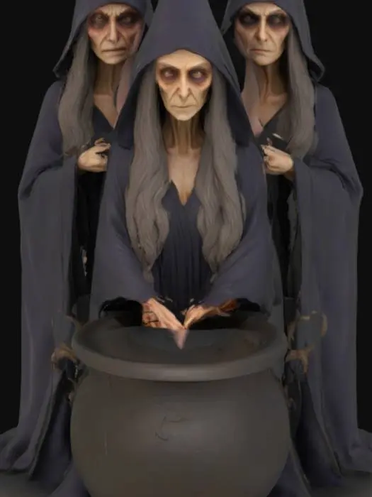 3D model for Ultra-realistic model of the three Macbeth witches over a boiling cauldron. Medically precise body structure 