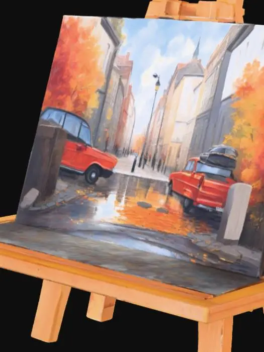 3D model for A high resolution easel with a half finished impressionistic painting on it