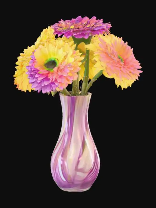 3D model for Ultra high resolution model of a Murano glass vase with three purple and two yellow chrysanthemums in it