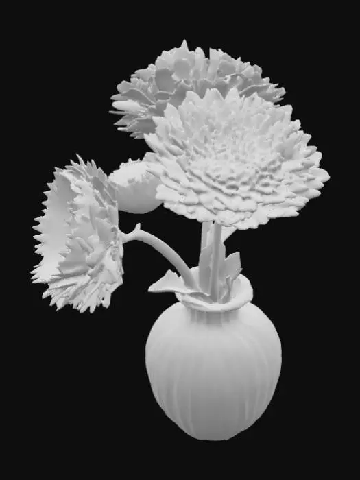 3D model for Ultra high resolution model of a Murano glass vase with three purple and two yellow chrysanthemums in it