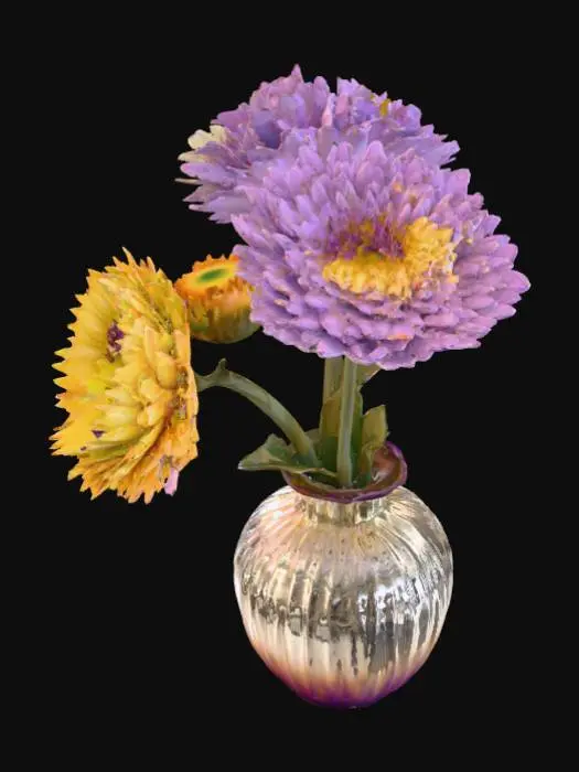 3D model for Ultra high resolution model of a Murano glass vase with three purple and two yellow chrysanthemums in it