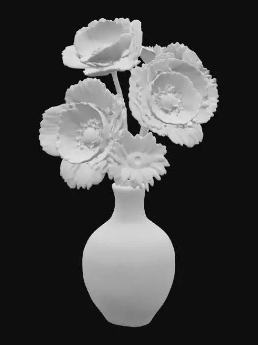 3D model for High resolution poppies and daisies in a powder blue mother of pearl vase