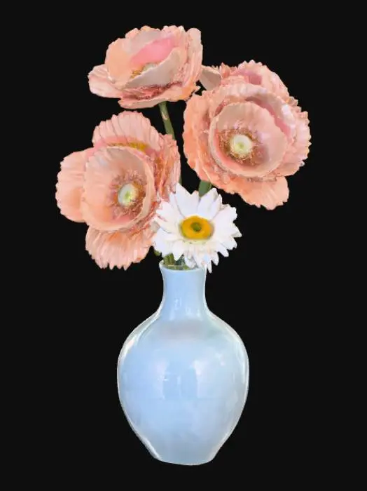 3D model for High resolution poppies and daisies in a powder blue mother of pearl vase