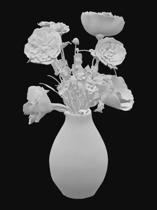 3D model for High resolution poppies and daisies in a powder blue mother of pearl vase