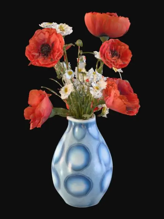 3D model for High resolution poppies and daisies in a powder blue mother of pearl vase