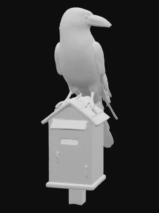 3D model for A black crow standing on a brightly coloured house-shaped old mail box 