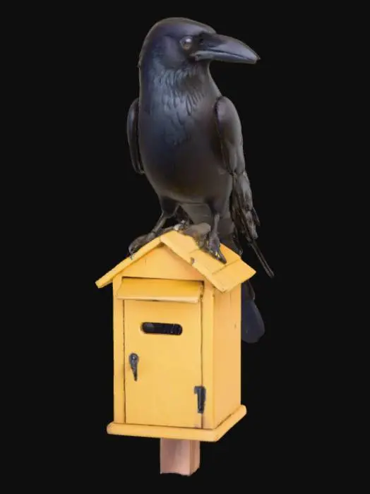 3D model for A black crow standing on a brightly coloured house-shaped old mail box 