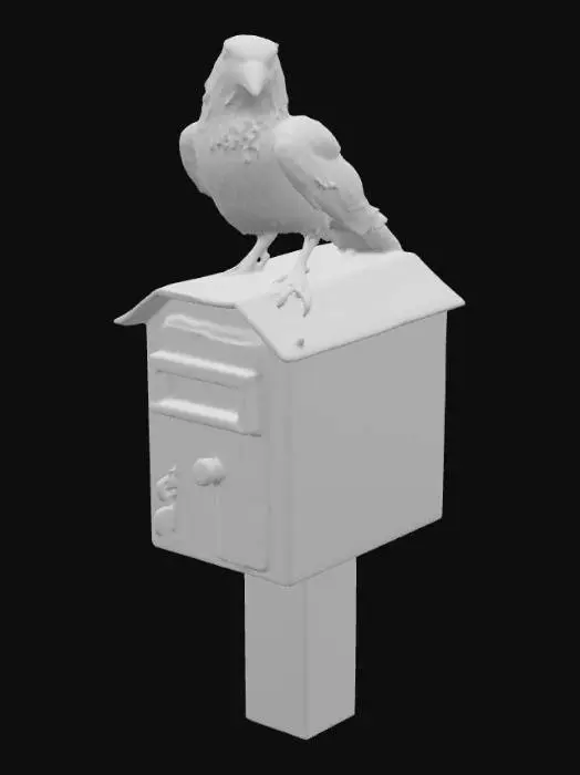 3D model for A black crow standing on a brightly coloured house-shaped old mail box 