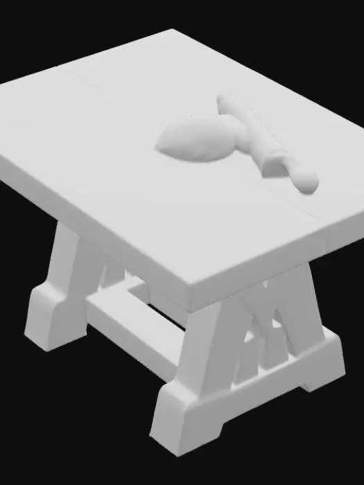 3D model for A high resolution rustic kitchen table sprinkled with flour, with a stretched piece of dough on it and a rolling pin on the dough
