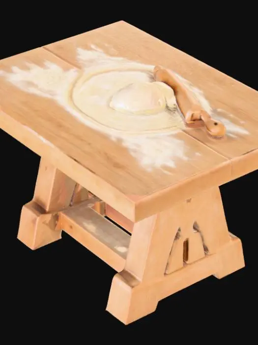 3D model for A high resolution rustic kitchen table sprinkled with flour, with a stretched piece of dough on it and a rolling pin on the dough
