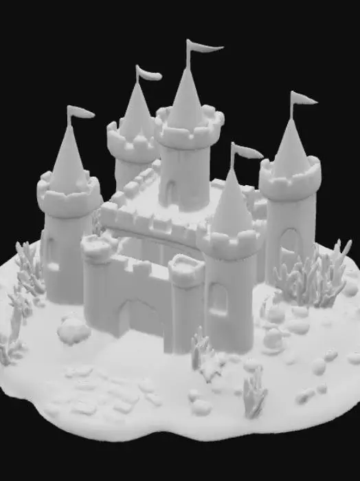 3D model for High resolution elaborate sand castle with twigs and seashells as props