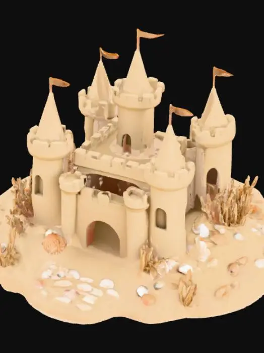 3D model for High resolution elaborate sand castle with twigs and seashells as props