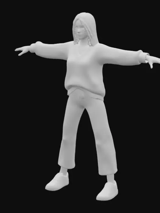 3D model for A high resolution young female adult wearing an Aran sweater, a pair of old jeans and well worn white trainers 